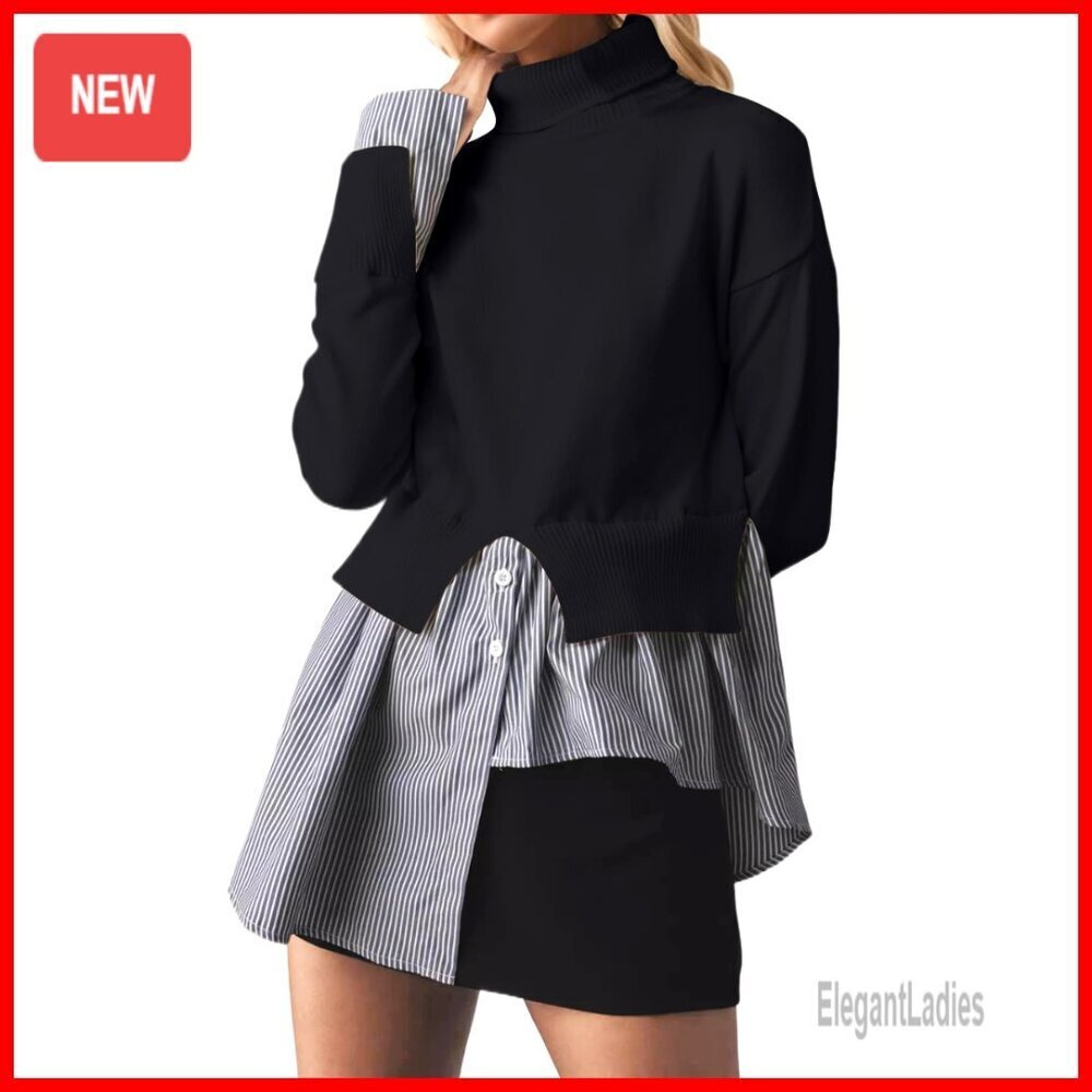 Mock Neck Pullover Sweater with Asymmetrical Hem and Button Detail